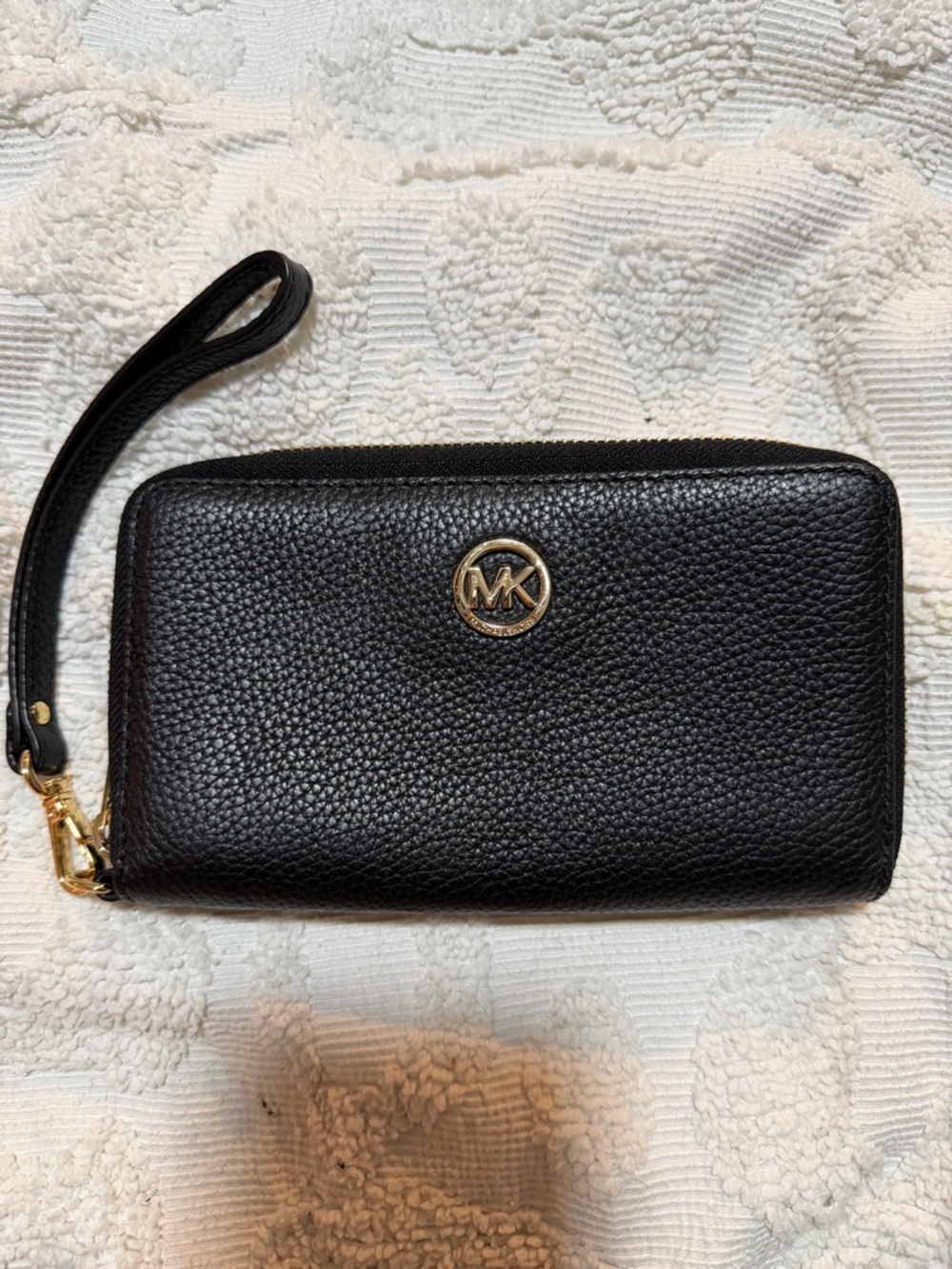 Michael Kors Black Pebble Leather Zip Wristlet with Gold MK Emblem
